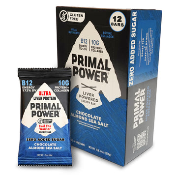 Primal Power Liver Powered Nutrition Bars, 10g Protein, B12 Energy Boost, Gluten Free, Chocolate Almond Sea Salt, Pack of 12