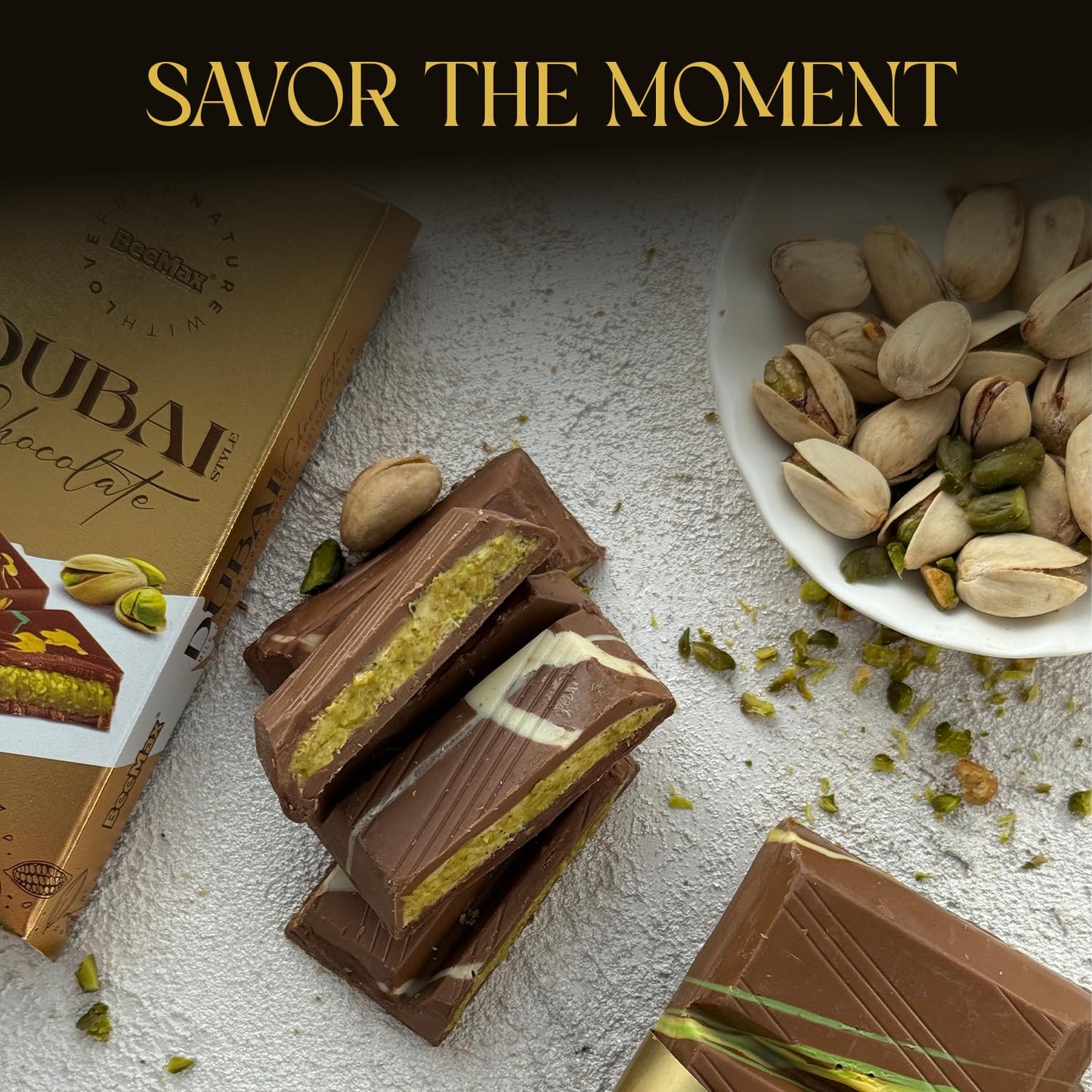 Beemax Authentic Dubai-Style Chocolate Bar | 2 Pack | 7 oz of elegant Middle Eastern Indulgence | enhanced Milk Chocolate  Golden Kadayif Crisps  Velvety Tahini & Hand-Harvested Pistachios - Imported from Turkey