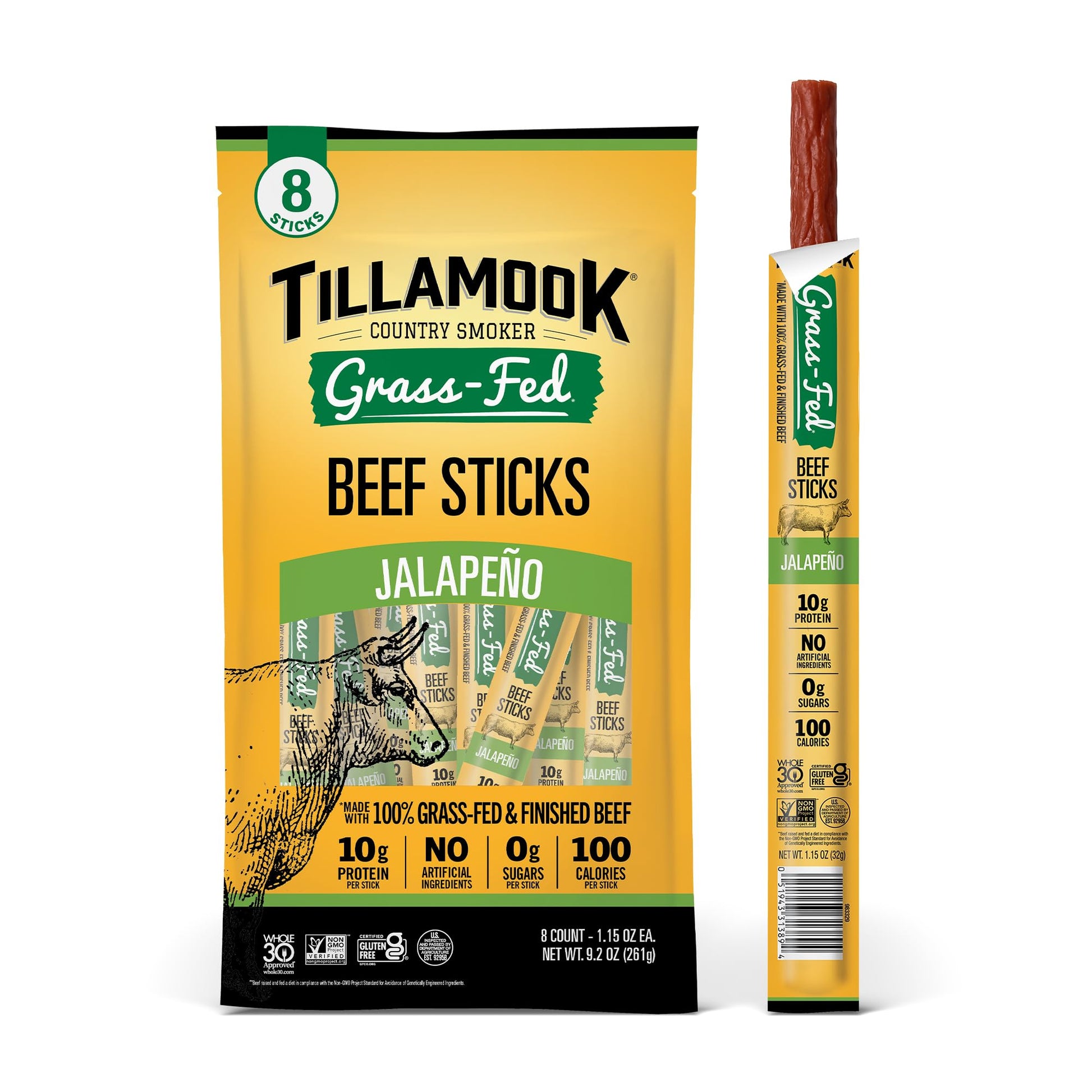 Tillamook Country Smoker 100% Grass Fed Beef Sticks  Zero Sugar  Jalapeno  1.15 Ounce (Pack of 8) Whole 30  Non GMO Clean Meat Snacks  Low Carb  High Protein  Gluten Free  Individually Wrapped