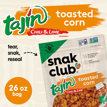 Snak Club Tajin Toasted Corn  Roasted Corn Nuggets with Chili and Lime Seasoning  Mild  Non-GMO  Gluten-Free  Kosher Snack  No Artificial Colors or Flavors  Low Cholesterol  26 oz Resealable Bag