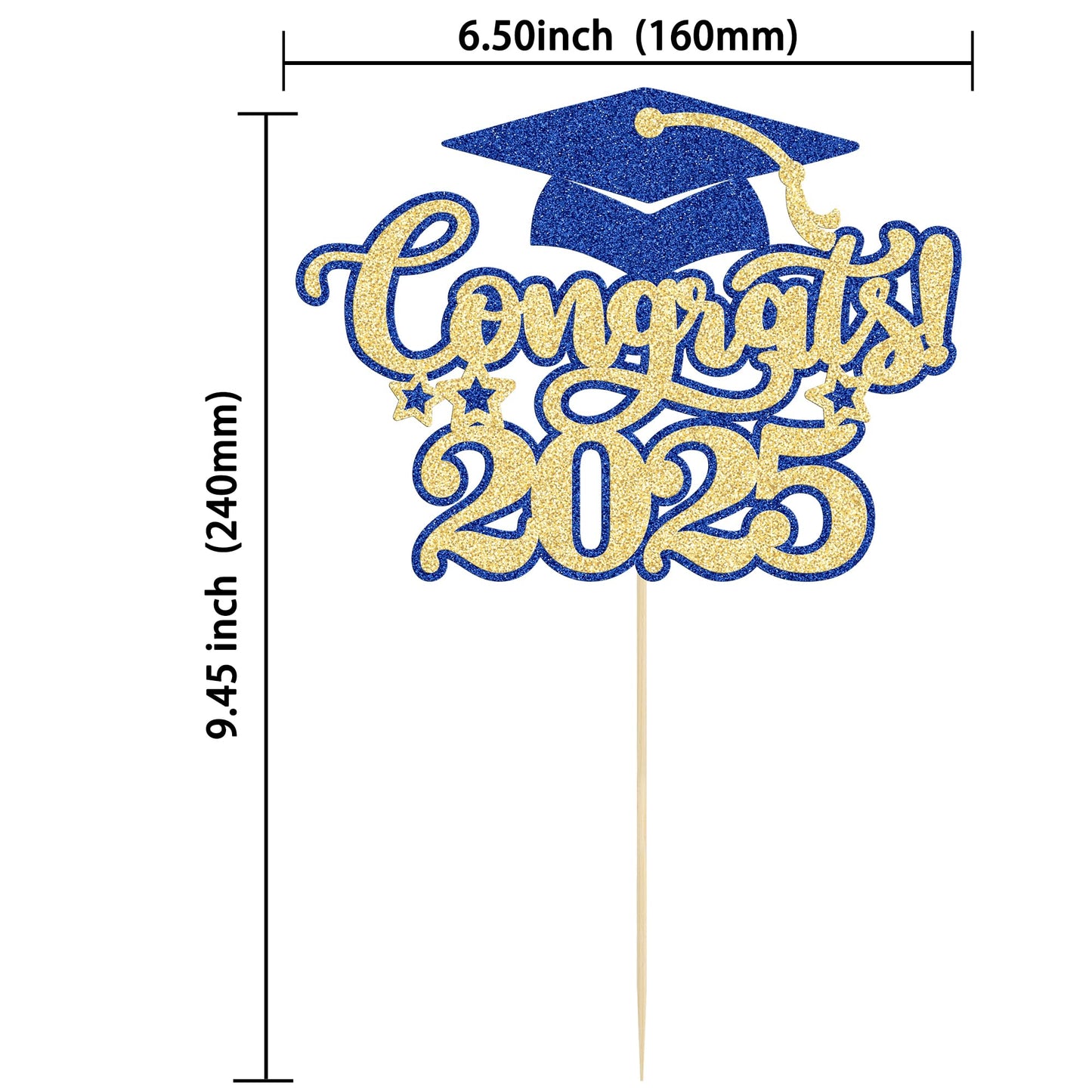 Gyufise Cake Topper Congrats 2025 Glitter Diploma Grad Cap Decoration 6.3x7.9 inches Blue Gold
