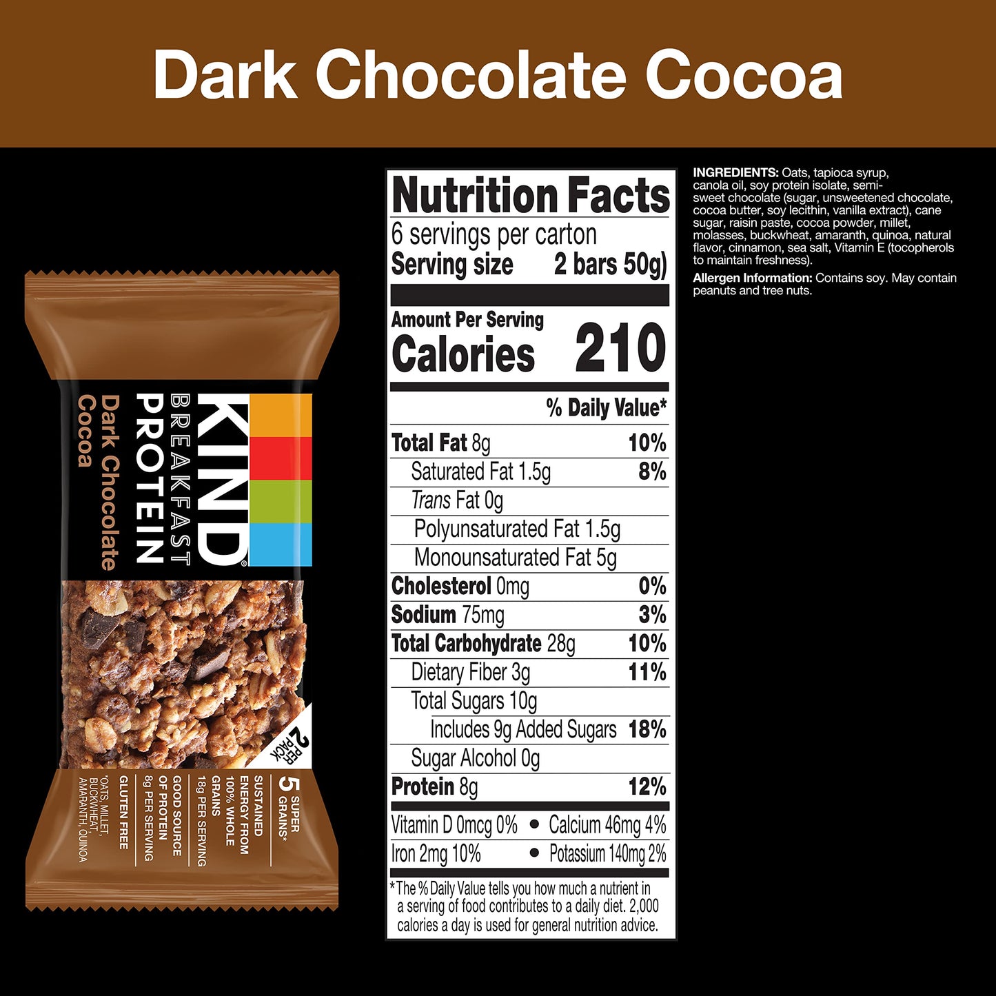 KIND Breakfast Bars, Dark Chocolate Cocoa, Gluten Free, 8g Protein, 30 Count