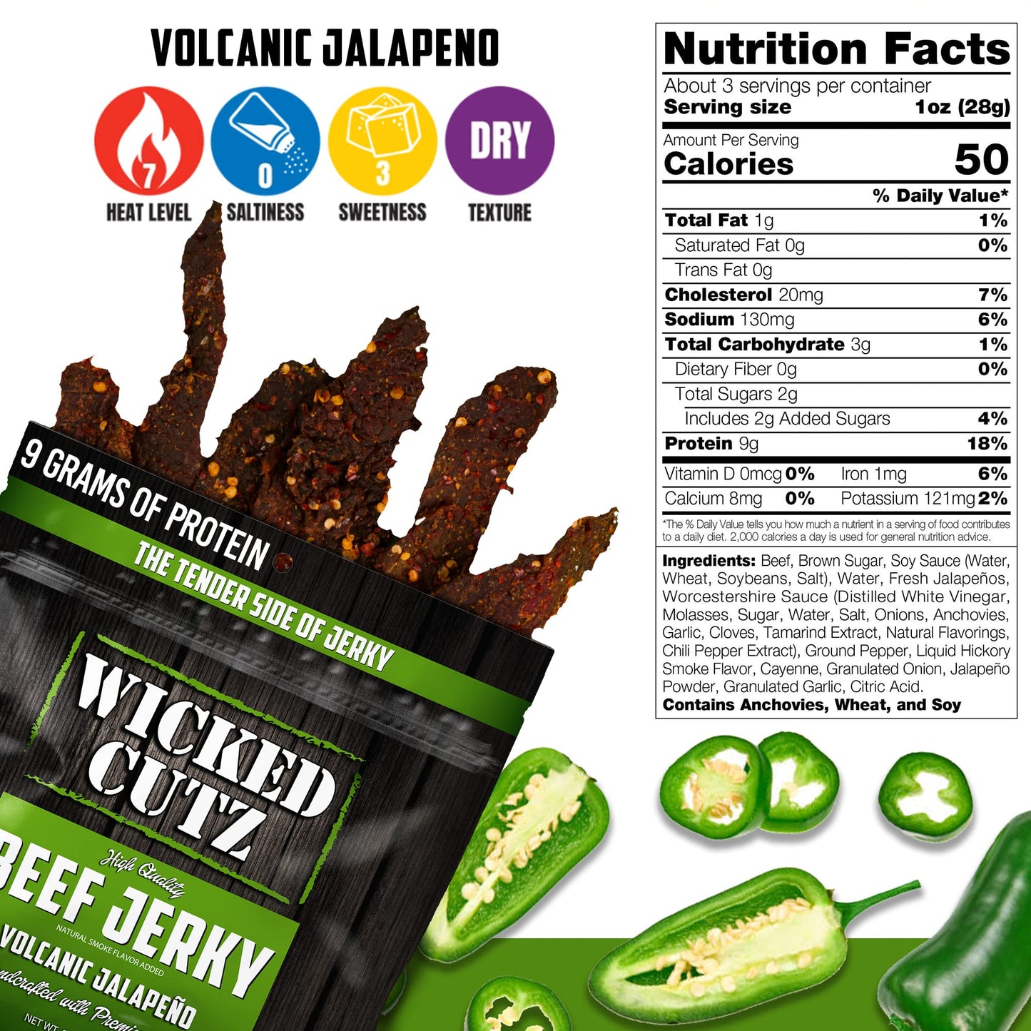 Wicked Cutz Volcanic Jalapeño Beef Jerky, 27g Protein, Tender & Chewy, 2.75 oz (Pack of 2)