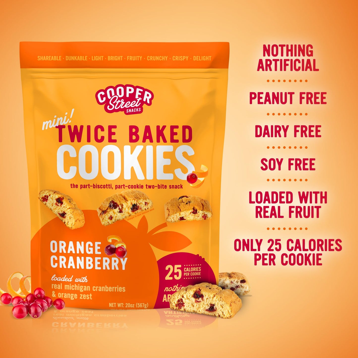 Cooper Street Twice Baked Orange Cranberry Biscotti Cookies - 1.25 Lb - Light and Crispy Coffee Cookie Bites - Low Calorie Itali