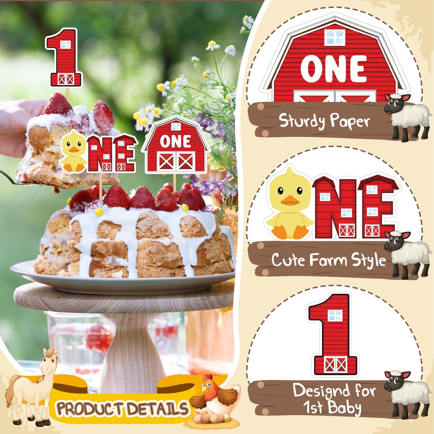 Weecent 48 Pcs Farm Animals Cupcake Toppers Baby 1St Birthday Decorations Barnyard Theme Cake Toppers For Baby Boy Girls Farm Ba
