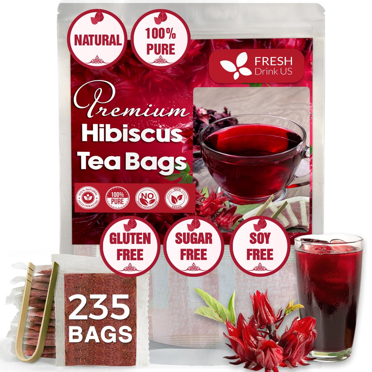 FRESHDRINKUS Hibiscus Flowers Tea Bags, 100% Natural Herbal Tea, 235 Bags, No Sugar, Caffeine, Gluten, Vegan