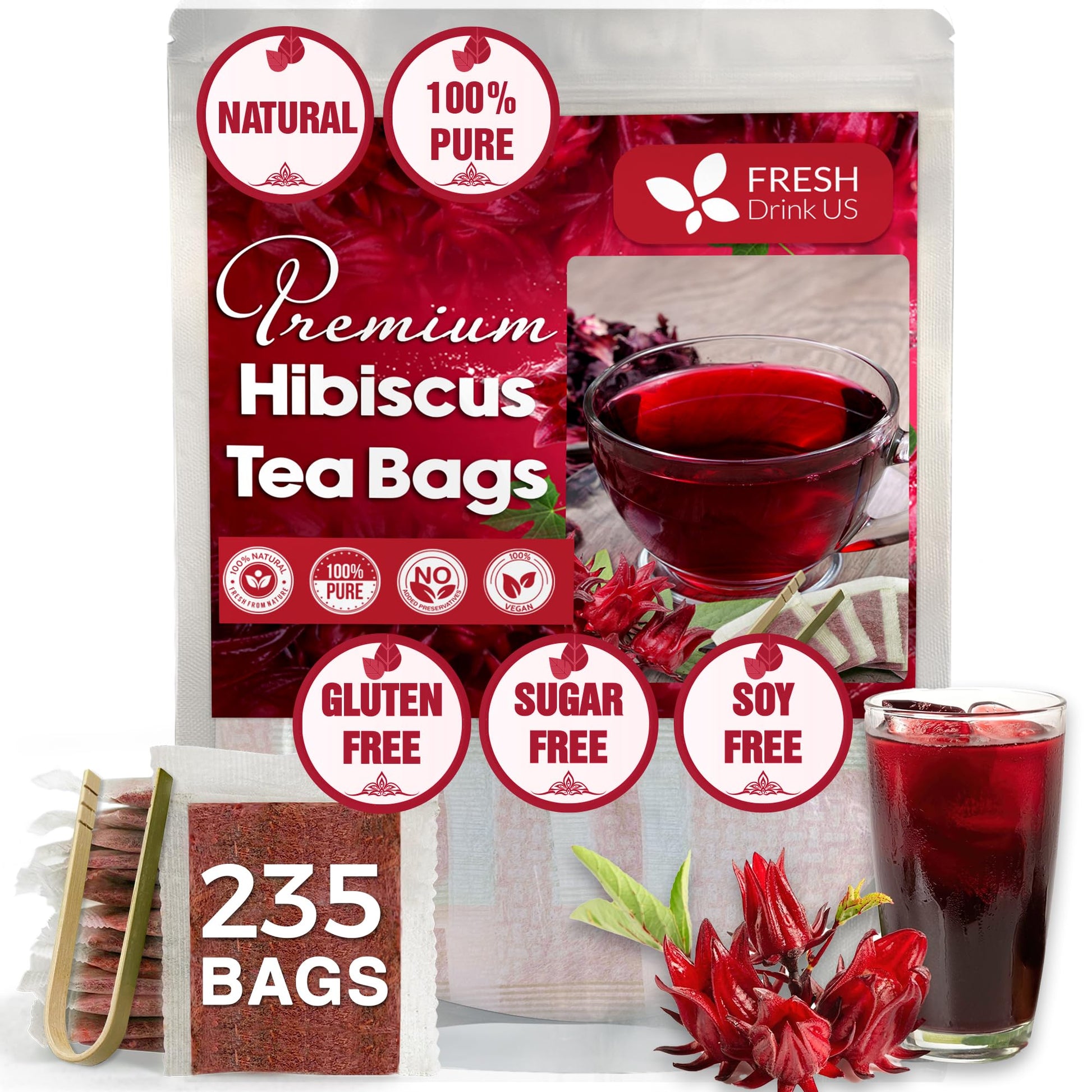 FRESHDRINKUS Hibiscus Flowers Tea Bags, 100% Natural Herbal Tea, 235 Bags, No Sugar, Caffeine, Gluten, Vegan