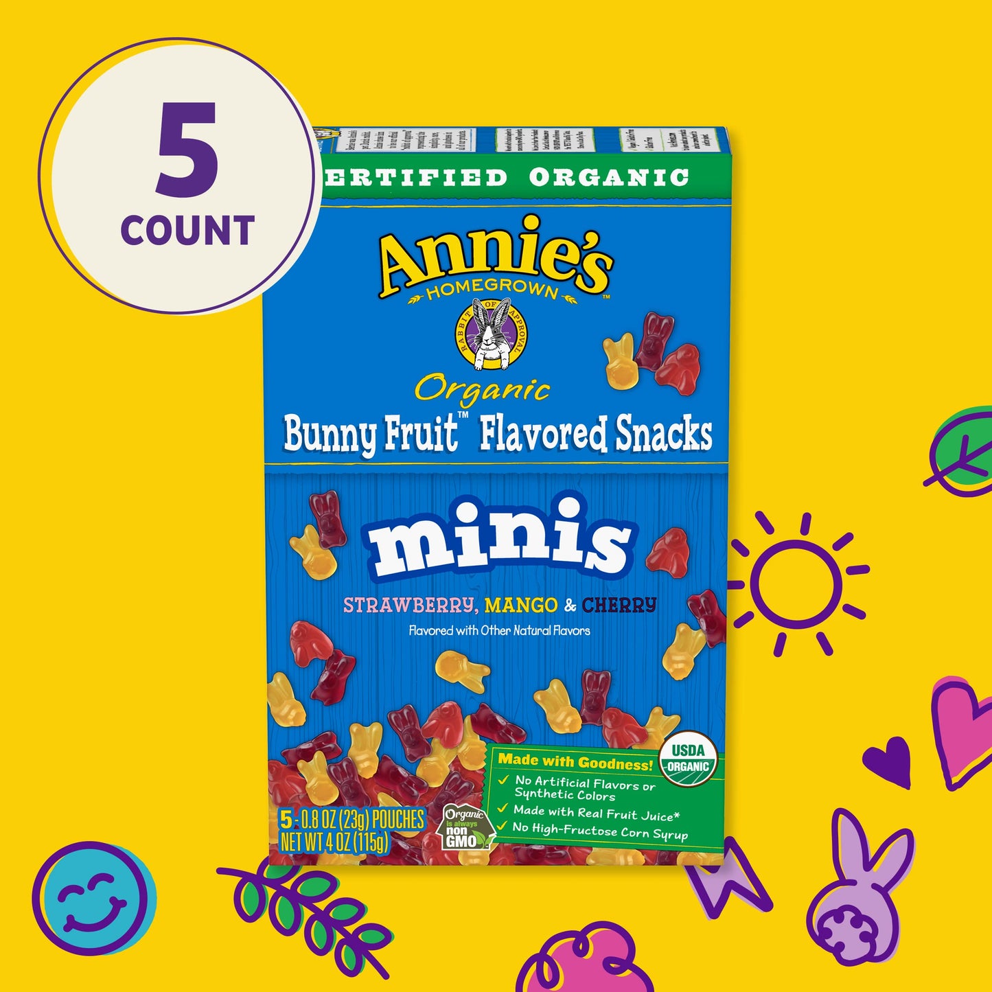 Annie'S Organic Mini Bunny Fruit Flavored Snacks, Strawberry, Mango & Cherry, Gluten Free, 5 Pouches, .8 Oz