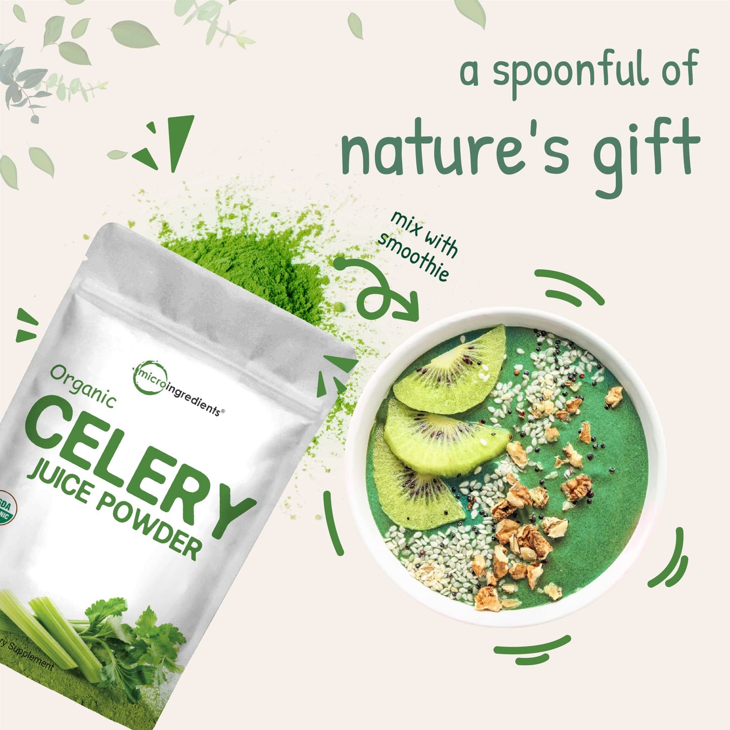 Organic Celery Juice Powder, 20 Ounce (1.25 Pound), 70 Serving, Celery Detox and Cold Pressed, Boosts Immune System, Energy and