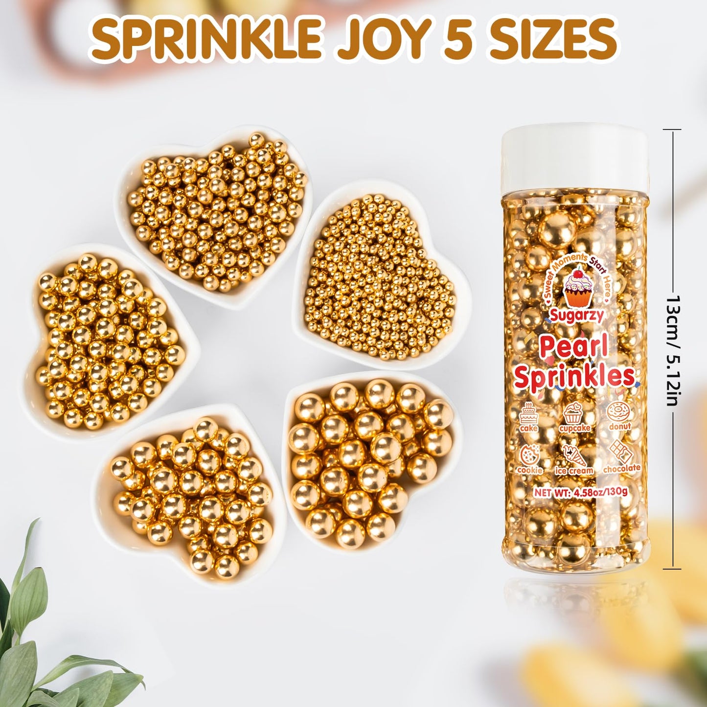 Sugarzy Gold Pearl Sprinkles, Edible Sugar Cake Decorations, 130g/4.58oz