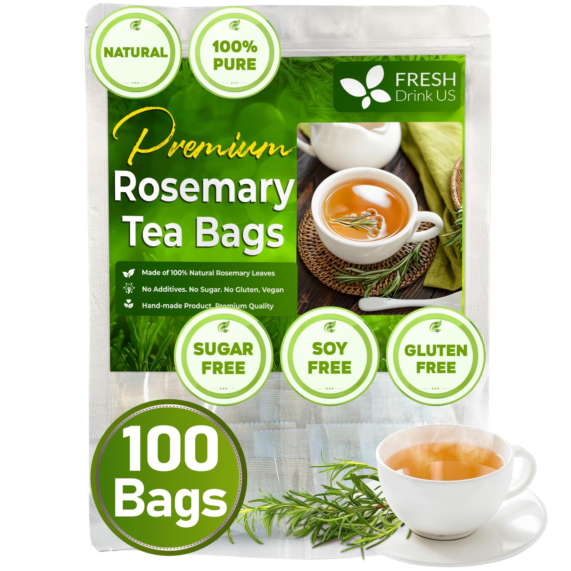 FRESHDRINKUS Rosemary Leaf Tea Bags, 100% Natural Herbal Tea, Caffeine-Free, Vegan, 100 Tea Bags