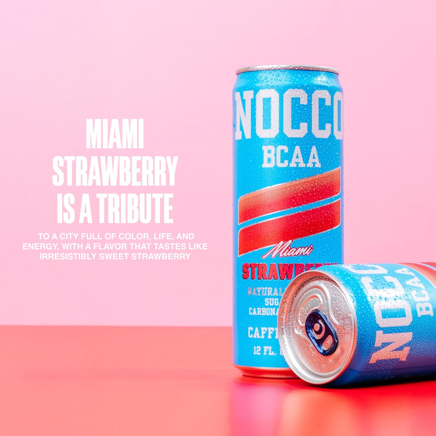 NOCCO BCAA Energy Drink - Miami Strawberry, Sugar Free, 180mg Caffeine, 12 Fl Oz Cans, Pack of 12
