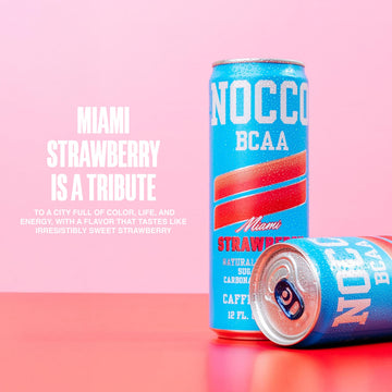 NOCCO BCAA Energy Drink - Miami Strawberry, Sugar Free, 180mg Caffeine, 12 Fl Oz Cans, Pack of 12