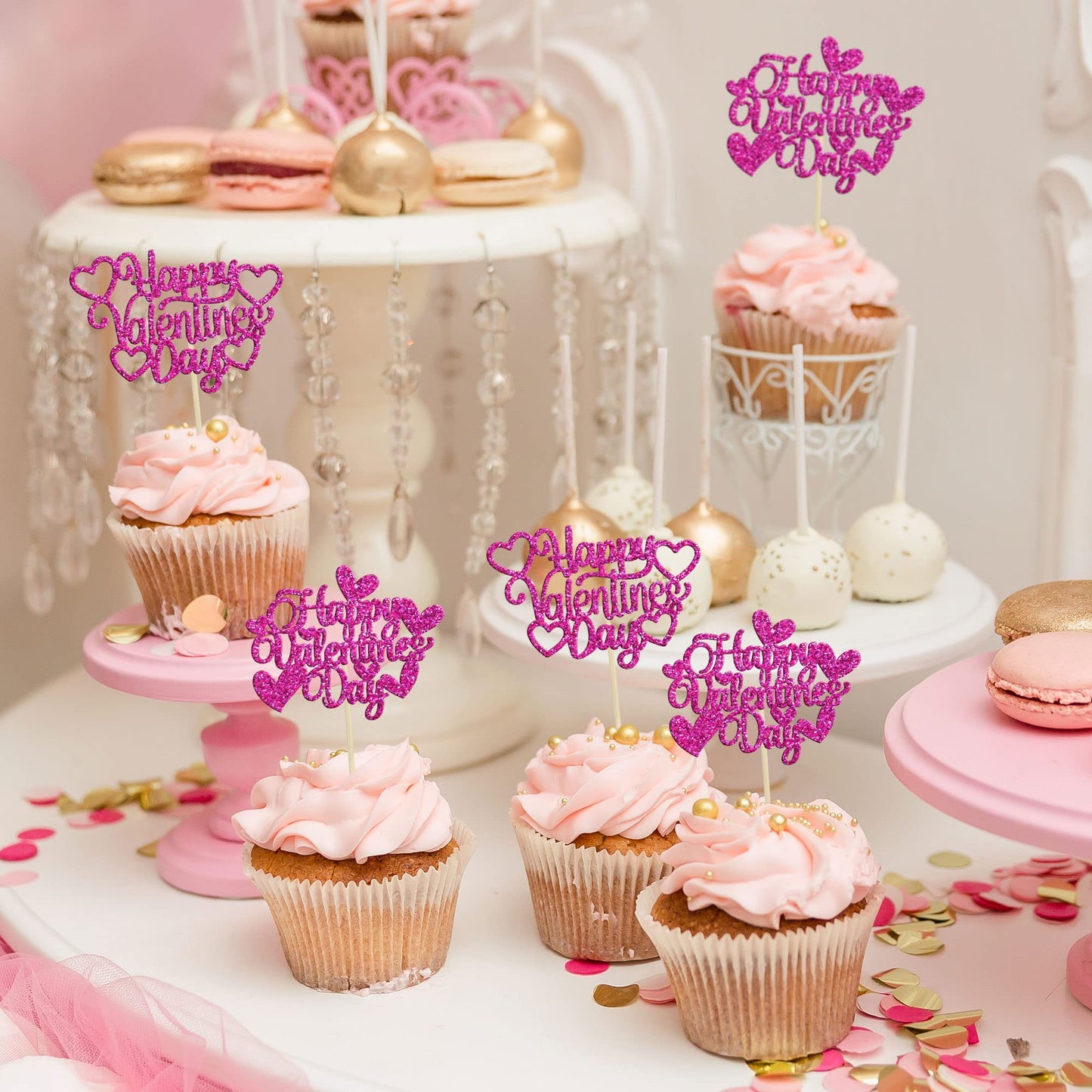 24Pcs Happy Valentine'S Day Cupcake Toppers With Heart Rose Red Glitter Sweet Love Theme Cupcake Picks Valentine'S Day Cake Deco