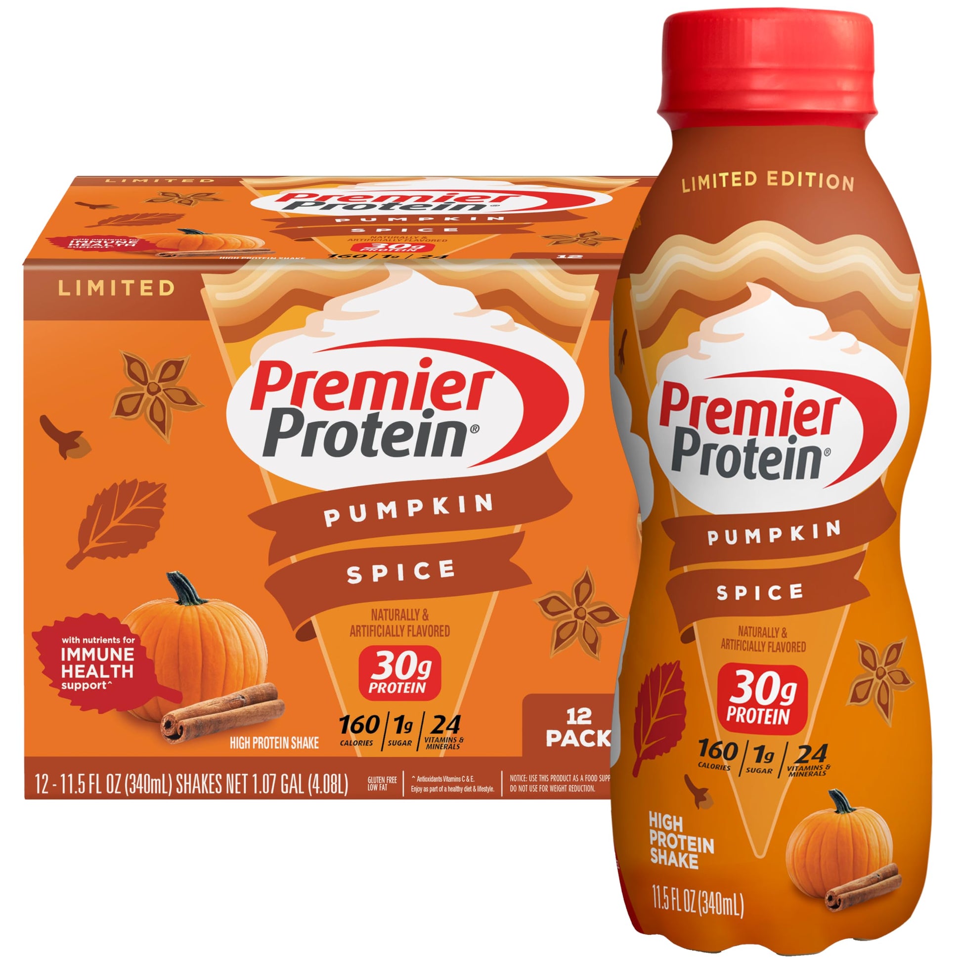 Premier Protein Shake Pumpkin Spice Limited Edition 30g Protein, 1g Sugar, 11.5 Fl Oz (Pack of 12)