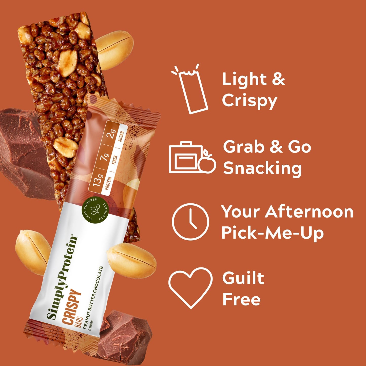 Simply Protein Peanut Butter Chocolate Crispy Bars - 13g Protein, Low Carb, Vegan, Gluten Free - 12 Count