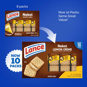 Lance Sandwich Cookies, Nekot Lemon Creme, 10 Individually Wrapped Packs, 6 Sandwiches Each