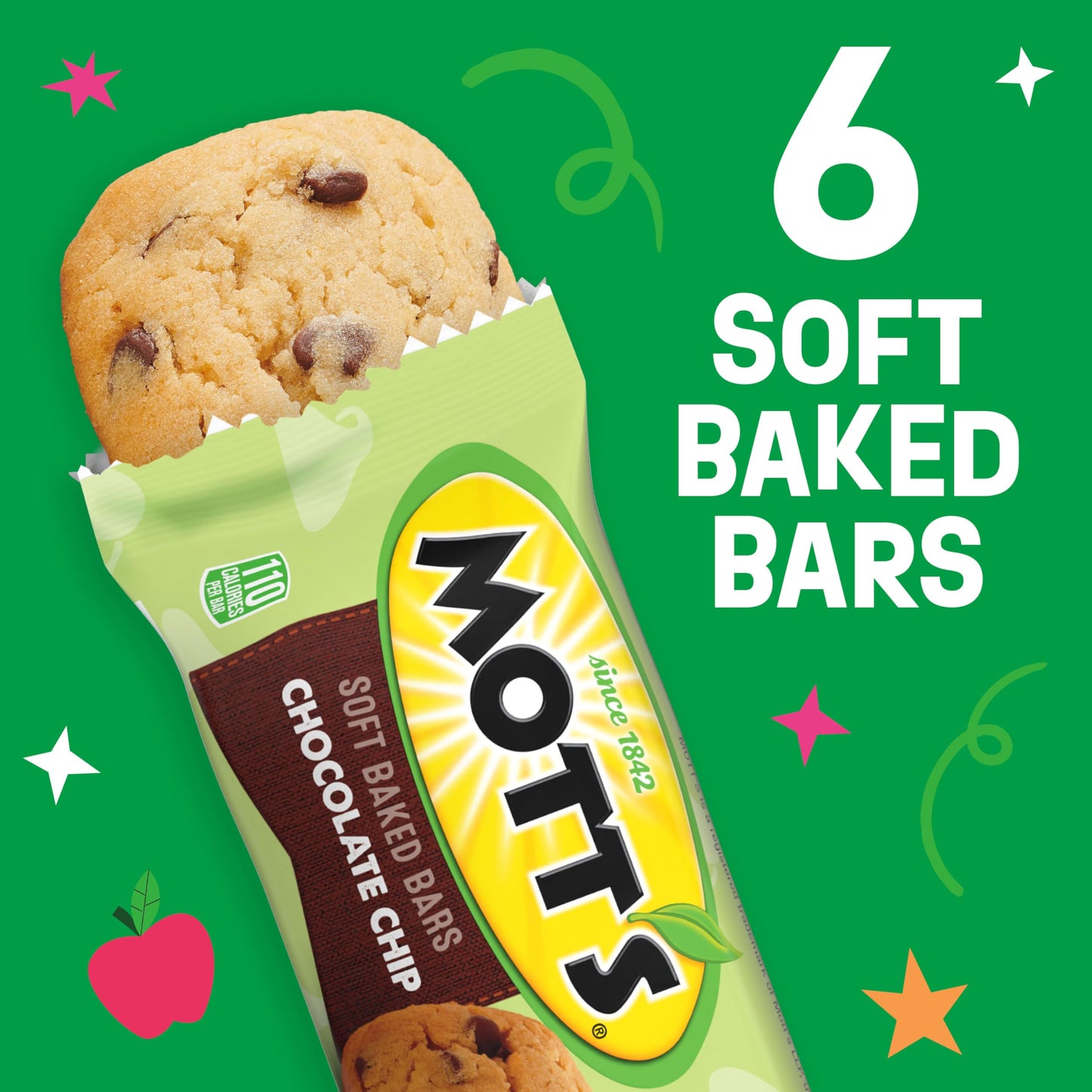 Motts Soft Baked Bars, Chocolate Chip, Made with Applesauce, 6 Count, Brown, 5.76 oz