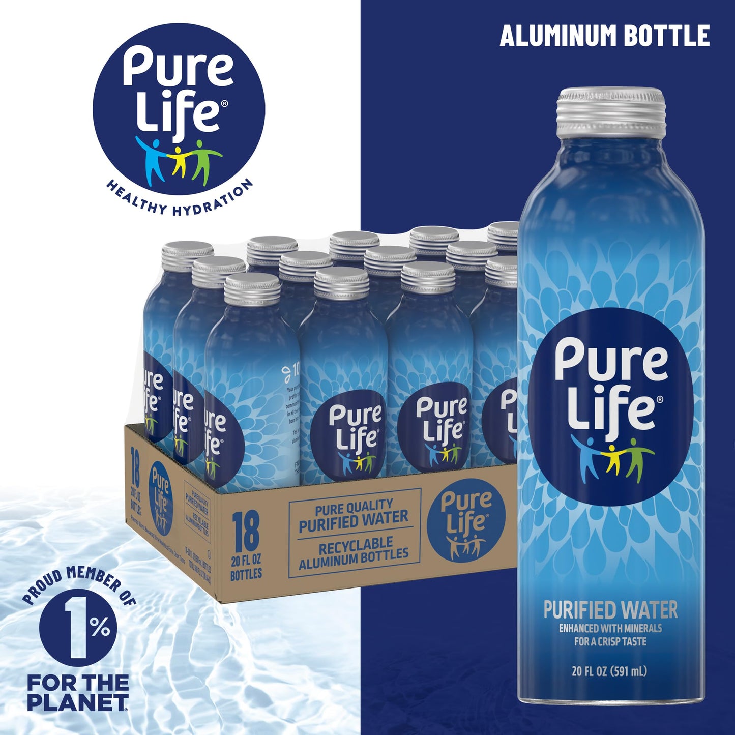 Pure Life Purified Bottled Water, 18-Pack - Still Bottled Drinking Water Enhanced with Minerals for a Crisp Taste, Aluminum Bott