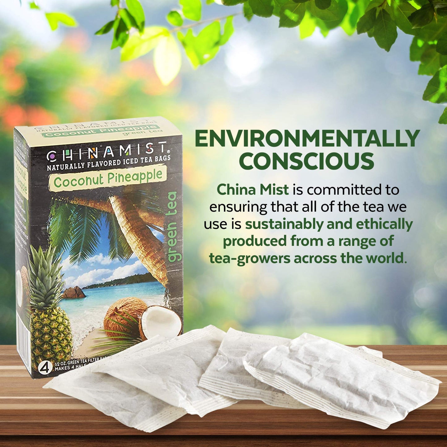 China Mist Iced Tea - Coconut Pineapple Green Tea Infusion - Refreshing And Delicious - Each Tea Bag Yields 1/2 Gallon - 4 Bags.