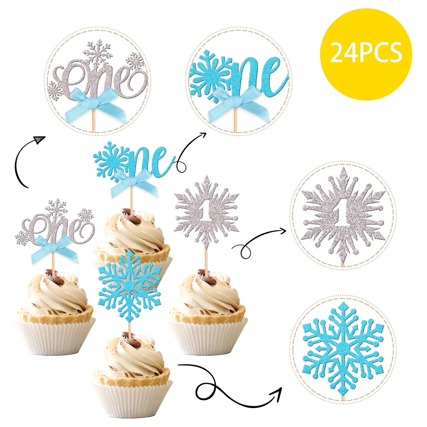 24 Pcs Snowflake One Cupcake Toppers With Glitter Bow First Birthday Snowflake Cupcake Picks For Winter Onederland Theme Baby Sh