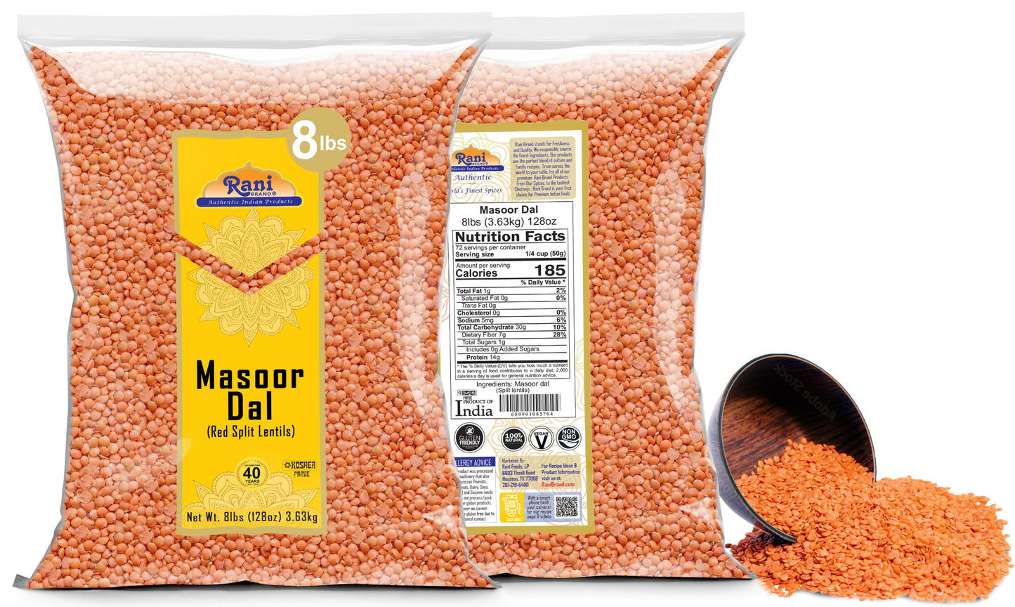 Rani Masoor Dal (Indian Red Lentils) Split Gram, 128Oz (8Lbs) 3.63Kg, Bulk ~ All Natural | Gluten Friendly | Non-Gmo | Vegan | I
