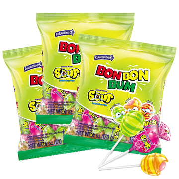 Colombina Bon Bon Bum Lollipops W/Bubble Gum Center, Assorted Sour Mix, Individually Wrapped, Ideal For Party Favors And Gifts, 