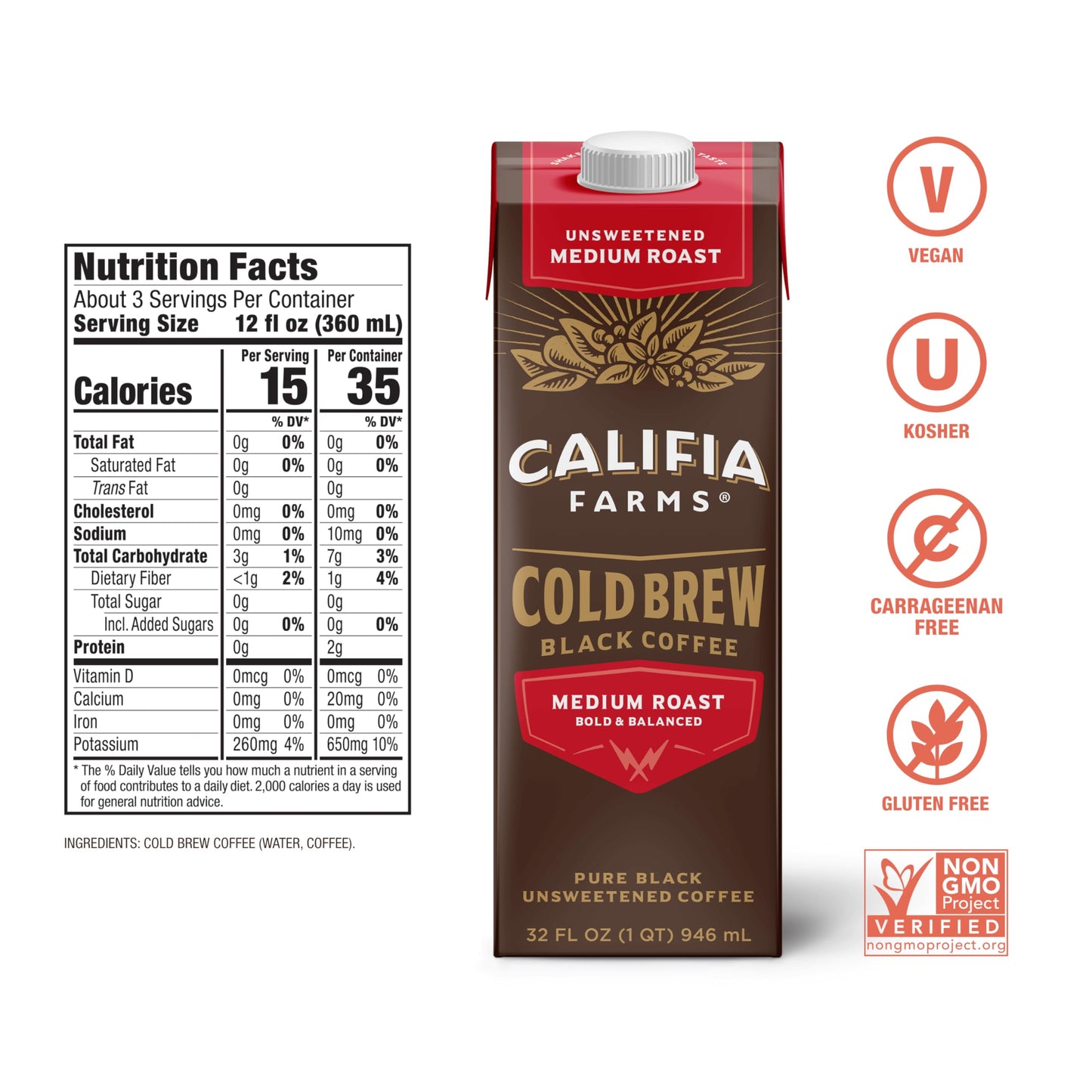 Califia Farms - Pure Black Medium Roast Cold Brew Coffee, 32 Oz (Pack Of 6), 100% Arabica, Shelf Stable, Plant Based, Vegan, Glu
