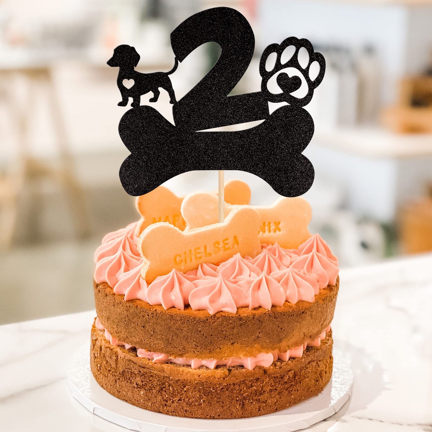 1 Pcs 2Nd Birthday Cake Topper Black Glitter Dog Paw Two Years Old Birthday Puppy Dog Bone Cake Pick For Let'S Pawty Baby Shower