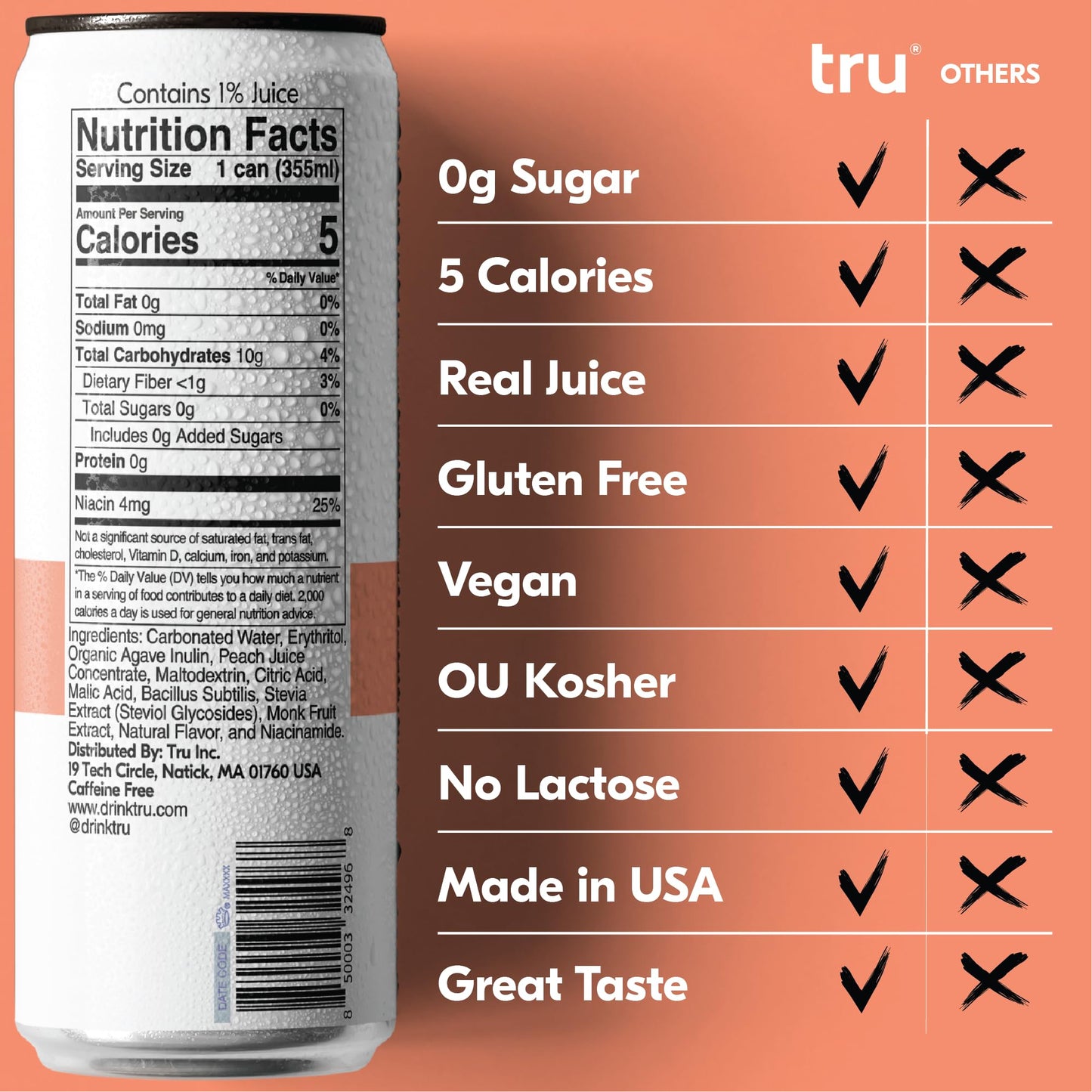 Tru Gut Seltzer Sparkling Water with Prebiotics & Probiotics, Peach Flavor, 12 Fl Oz Cans, 12 Pack, Gluten Free, Vegan, Low Calorie