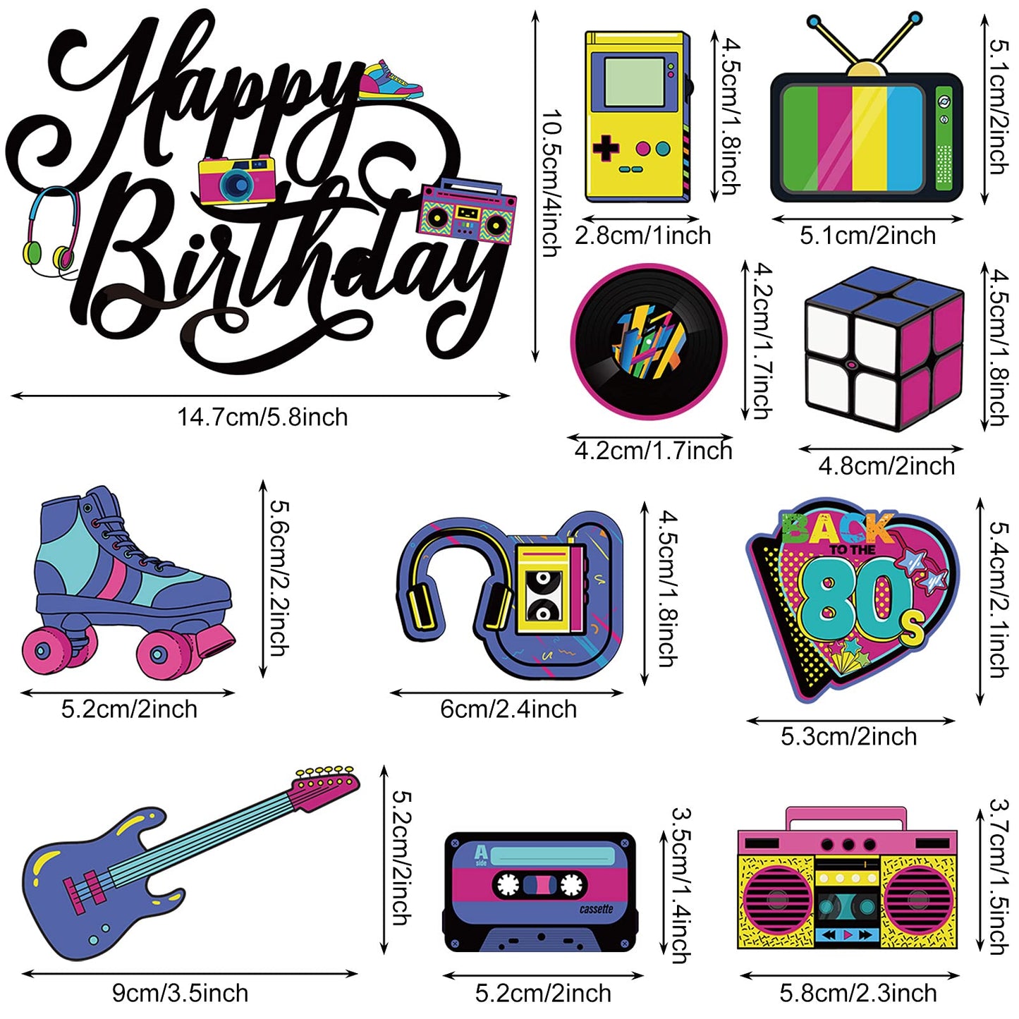 Outus 51 Pcs 80s Retro Cake Topper Set, Colorful Paperboard Cupcake Toppers for Party Supplies