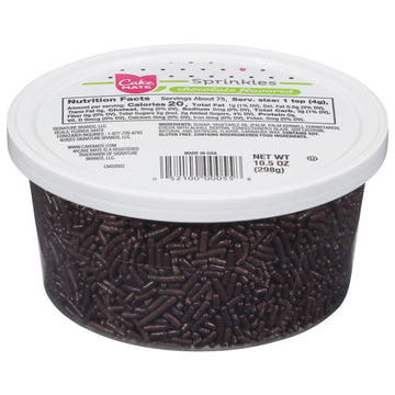 Cake Mate Chocolate Sprinkles with lid - Dessert Sprinkles for Ice Cream, Cookies, and Brownies, 10.5 oz Tub (Chocolate Jimmies)