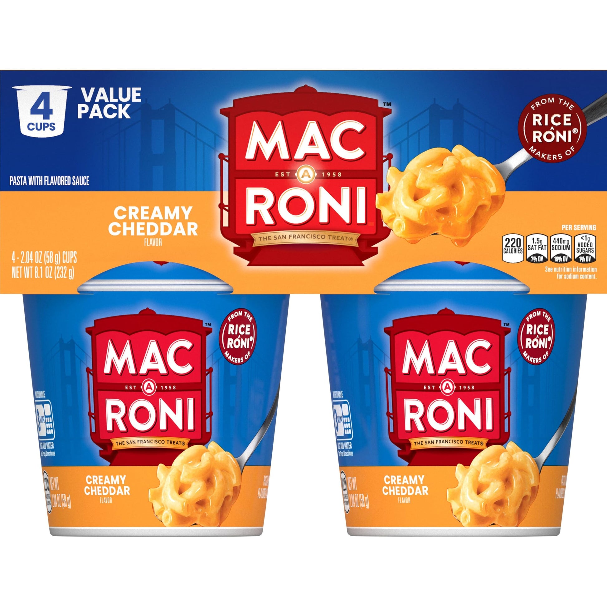 Mac-A-Roni Cup, Creamy White Cheddar, 2.04 Oz, Pack of 4