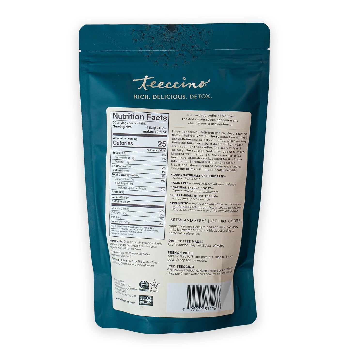 Teeccino Dandelion Dark Roast Herbal Coffee, Caffeine-Free, Organic, Gluten-Free, 1.1 Pound