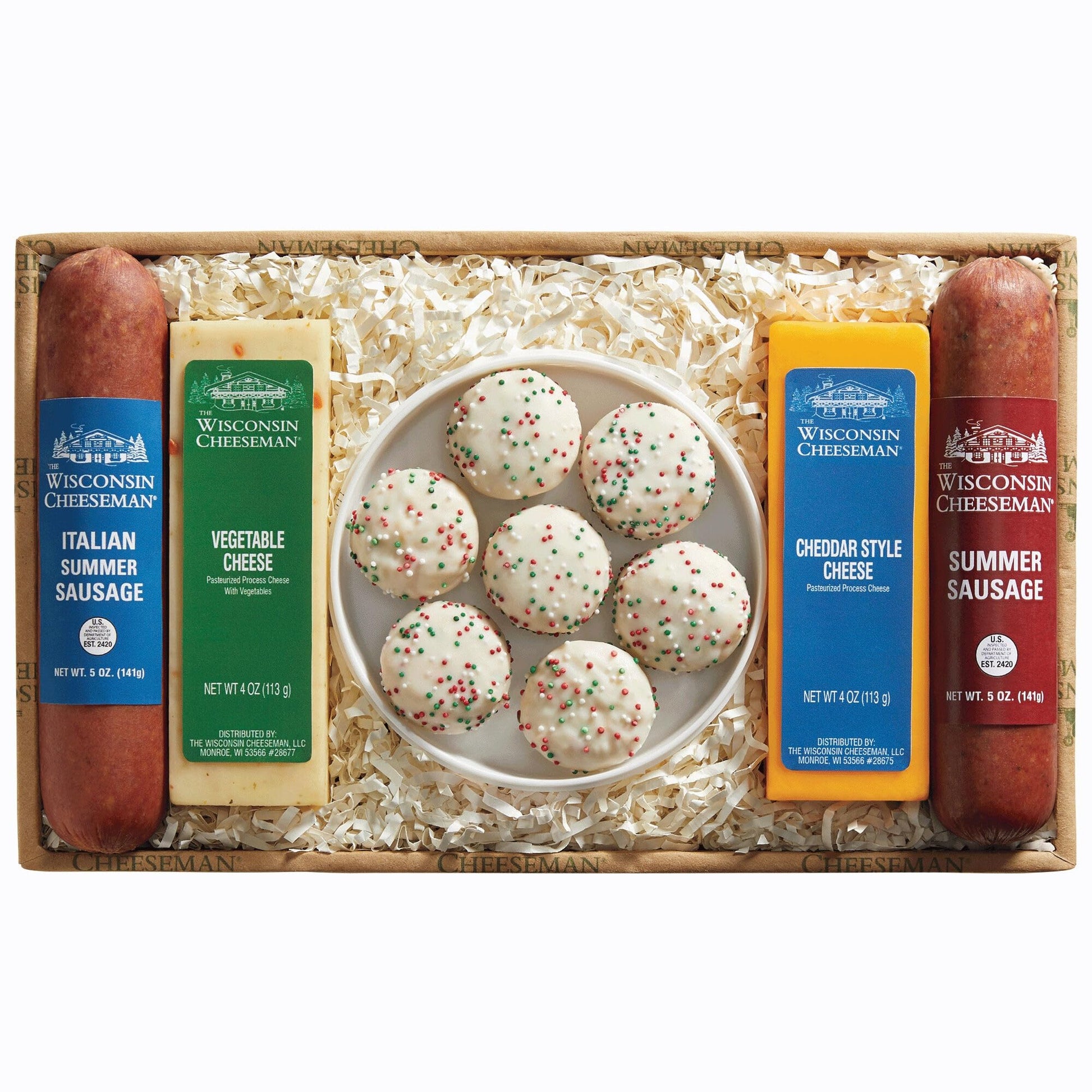 The Wisconsin Cheeseman Five Star Assortment - Summer Sausage Meats and Cheeses Gift Basket with Bon Bon Cookies - Holiday Thank