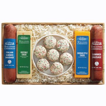 The Wisconsin Cheeseman Five Star Assortment - Summer Sausage Meats and Cheeses Gift Basket with Bon Bon Cookies - Holiday Thank
