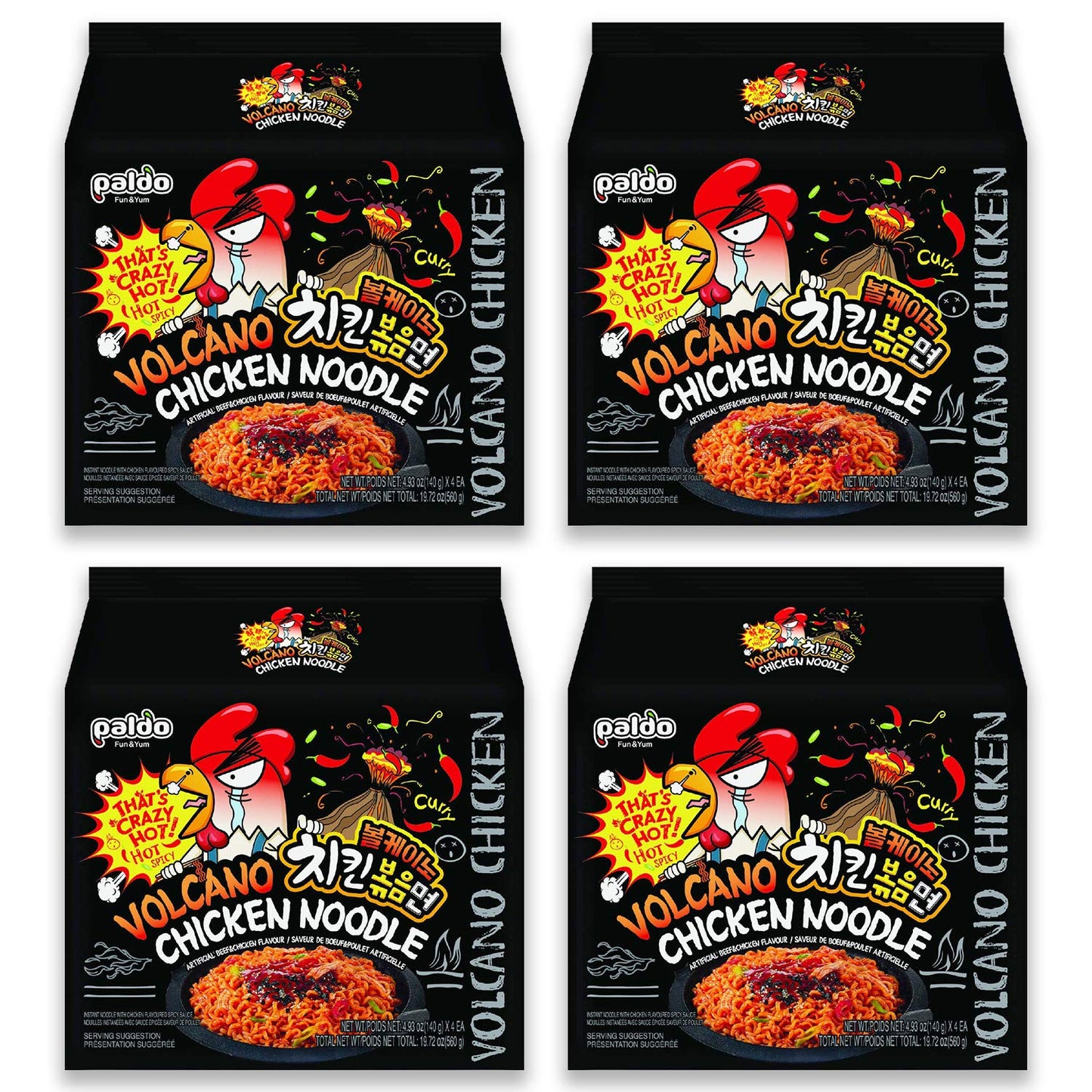 Paldo Fun & Yum Volcano Extremely Hot & Spicy Stir Fried Chicken Instant Noodles, Pack Of 16, Soupless Original Korean Ramyun, S