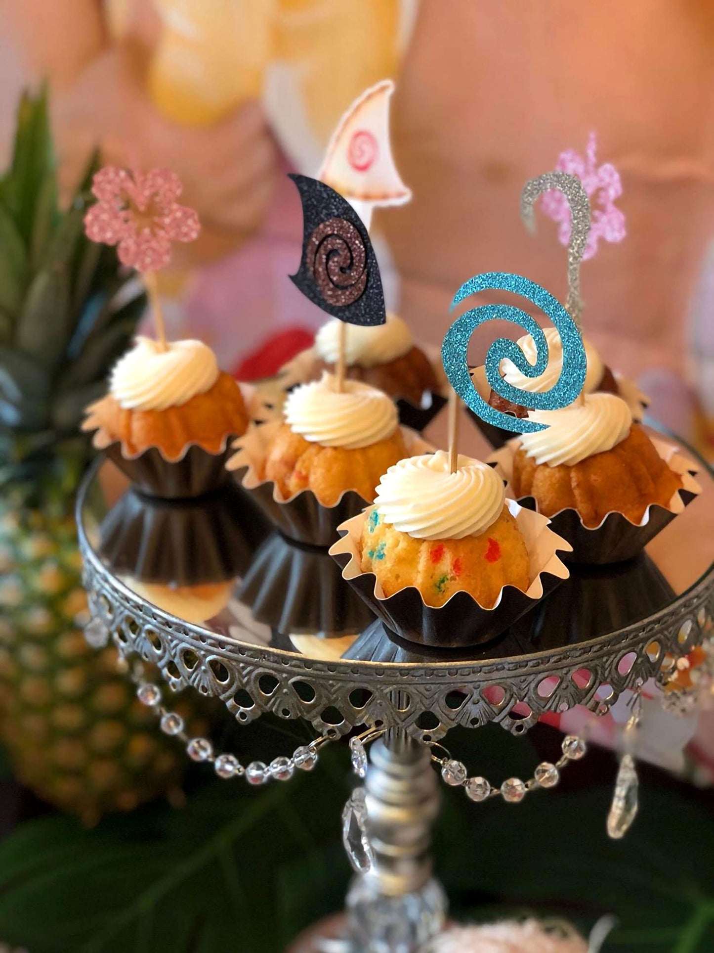 Jevenis 30 Pcs Glittery Moana Inspired Cupcake Toppers Moana Cake Toppers Hawaiian Birthday Party Decoration For Tropical Luau S
