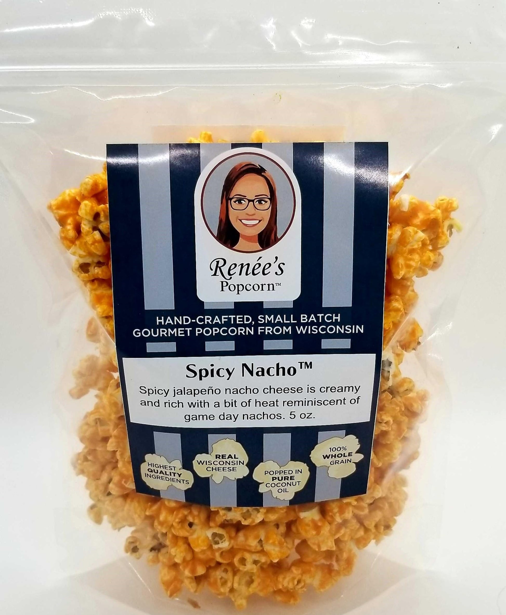 Ren  es Spicy Nacho Gourmet Popcorn - Wisconsin cheddar cheese blended with Jalapeo spice for a treat thats zesty on fresh poppe