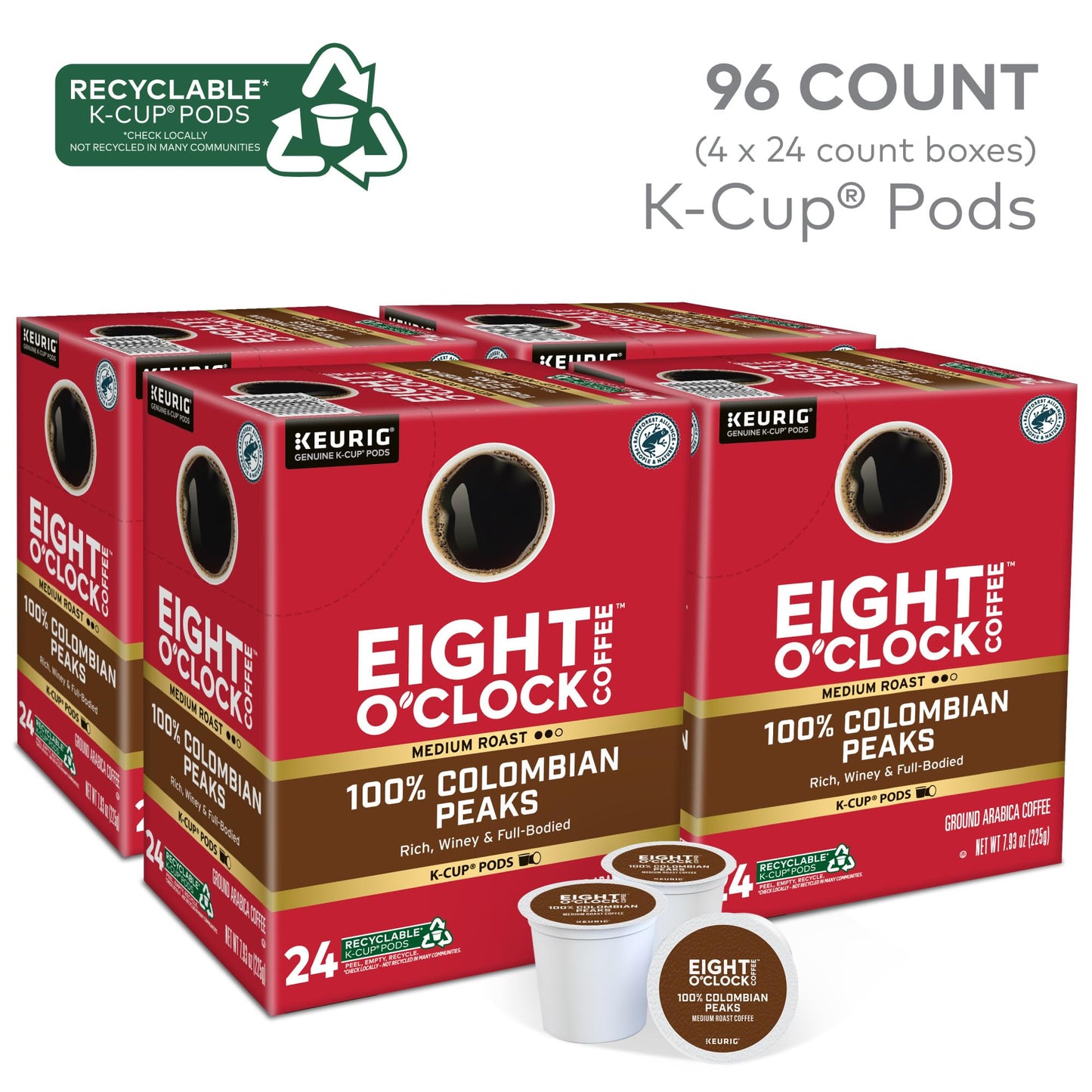 Eight O Clock Coffee Colombian Peaks Keurig Single-Serve K-Cup Pods, Medium Roast Coffee, 96 Count (Pack of 4)