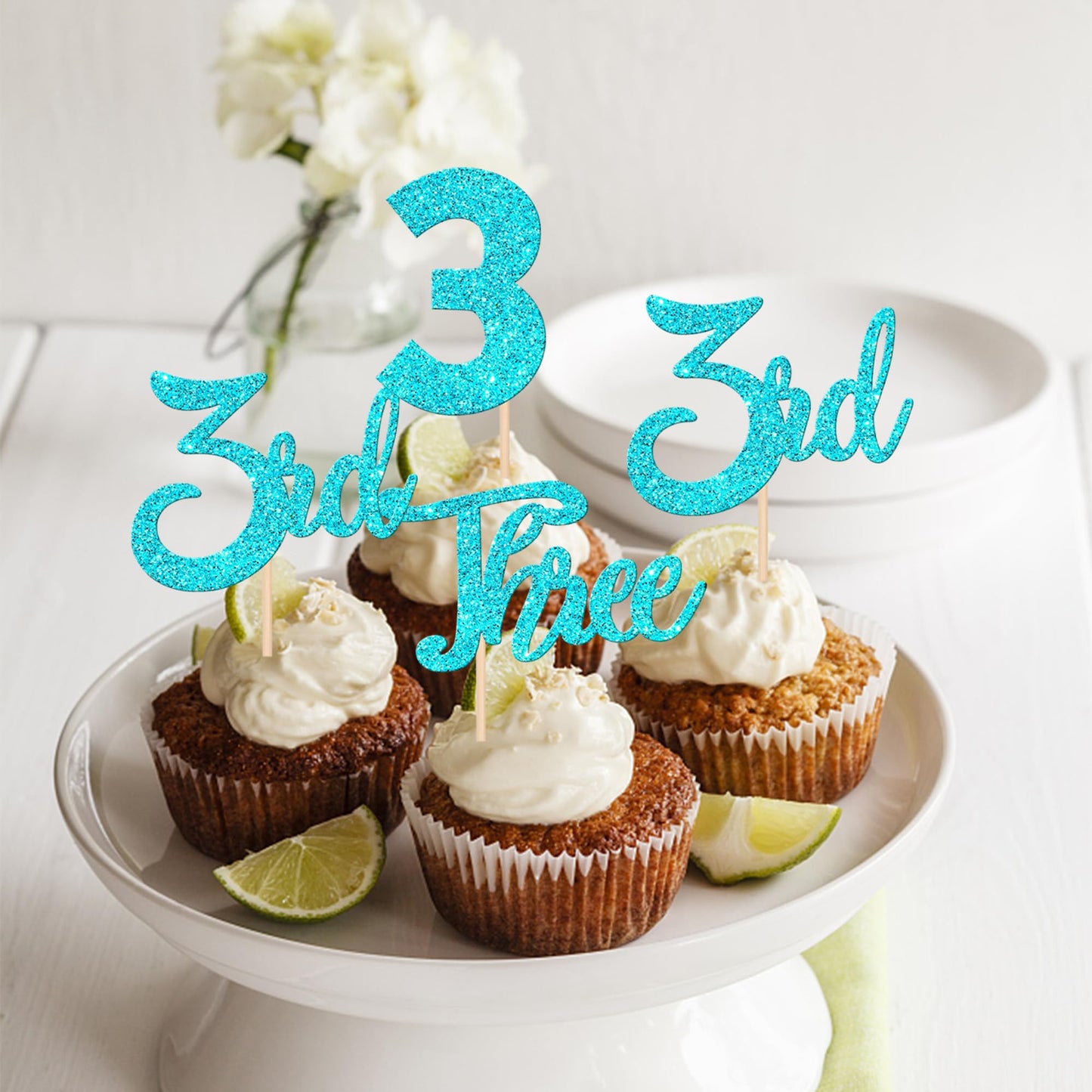 24 Pcs Three Cupcake Toppers Glitter 3Rd Birthday Cupcake Picks Number 3 Cupcake Decorations For Baby Shower Kids Third Birthday