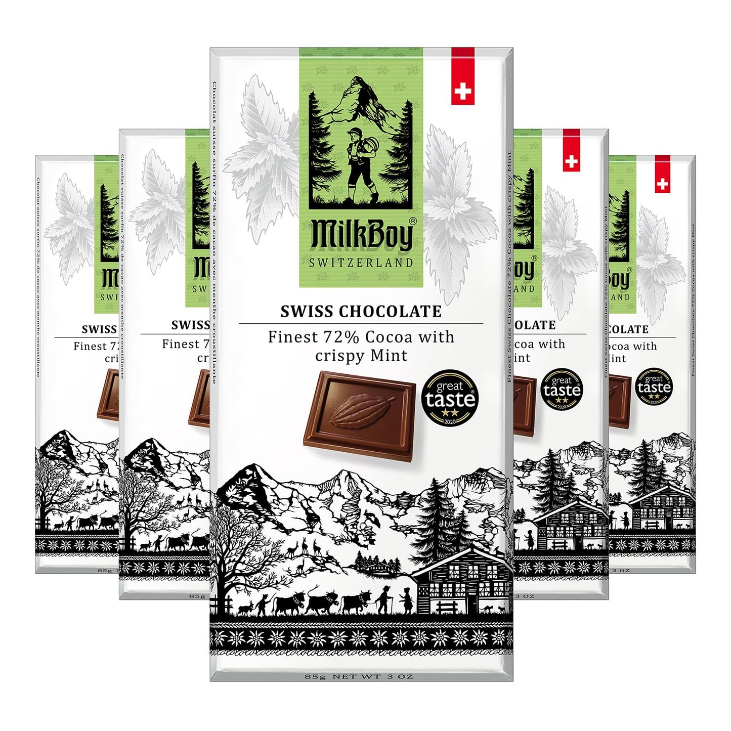 Milkboy Swiss Chocolates Crispy Mint Dark Chocolates - All Natural 72% Cocoa Bars - Made In Switzerland - Dairy Free - Vegan - Gluten Free - Non-Gmo - Kosher - 3 Oz  Pack 5