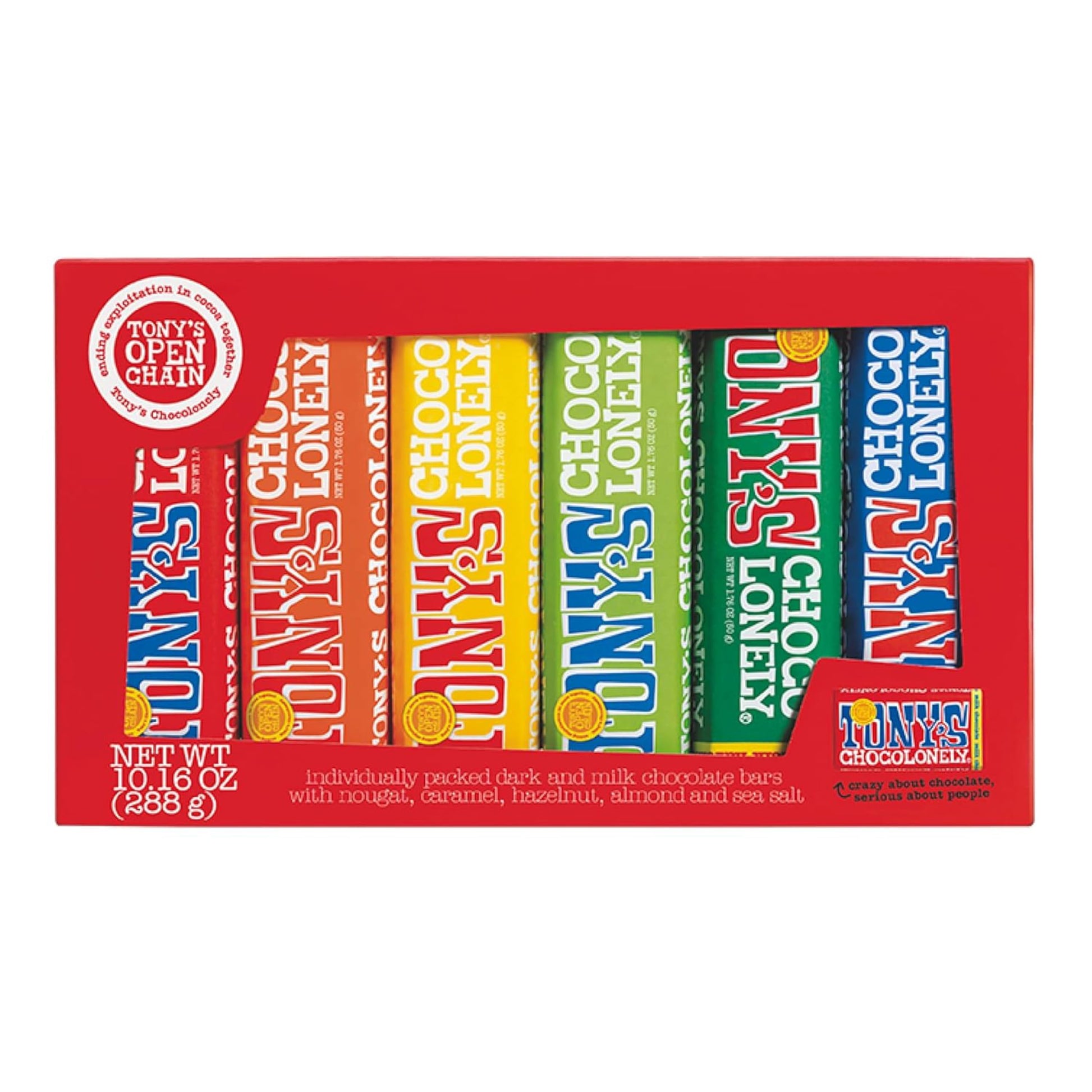 Tonys Chocolonely Rainbow Chocolate Candy Bar Variety Pack, Belgian Dark & Milk Chocolate With Sea Salt, Caramel, Almond, Hazeln