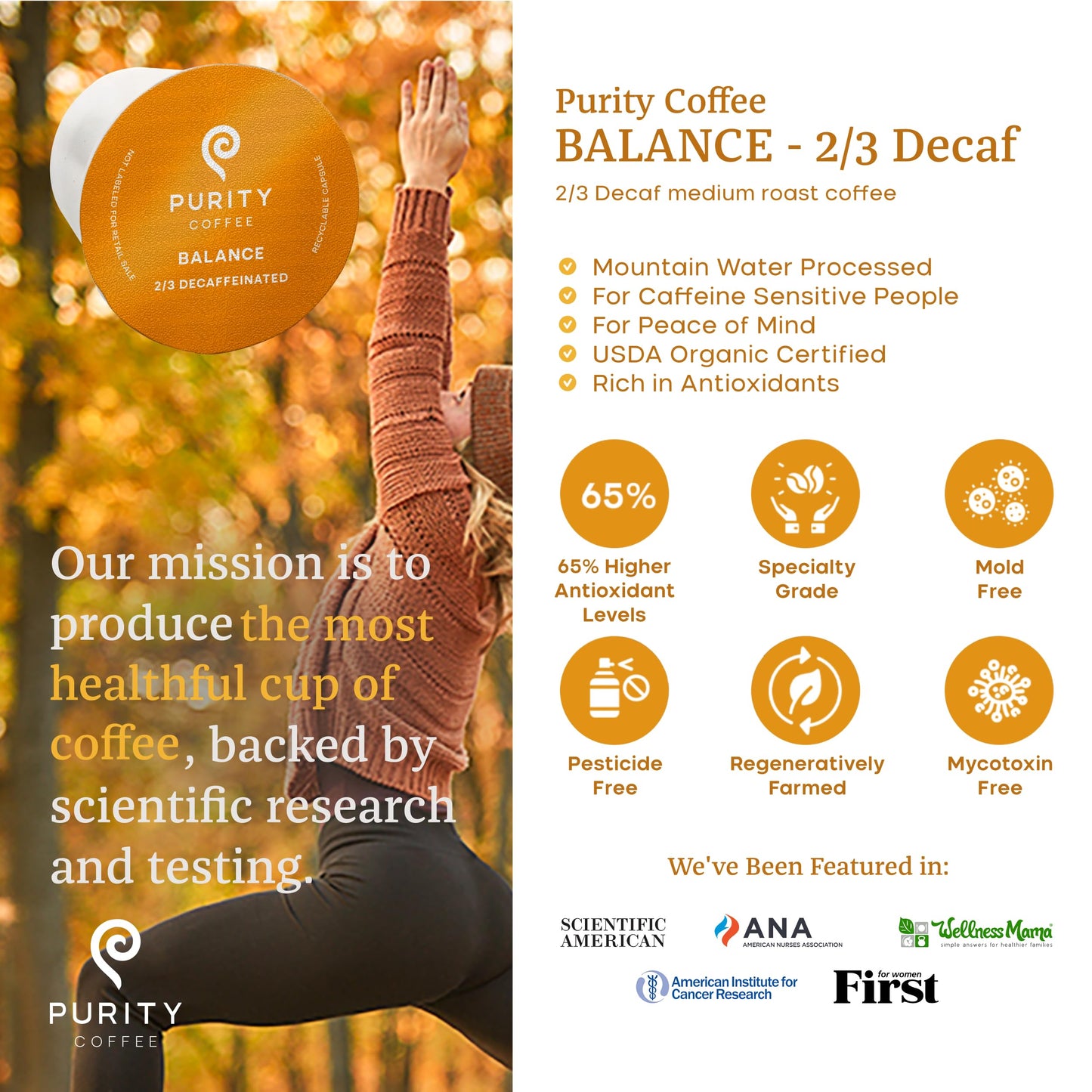 Purity Coffee BALANCE Decaf Medium Roast Single-Serve K Pods, 12 Count, USDA Organic, Specialty-Grade, Mountain Water Processed