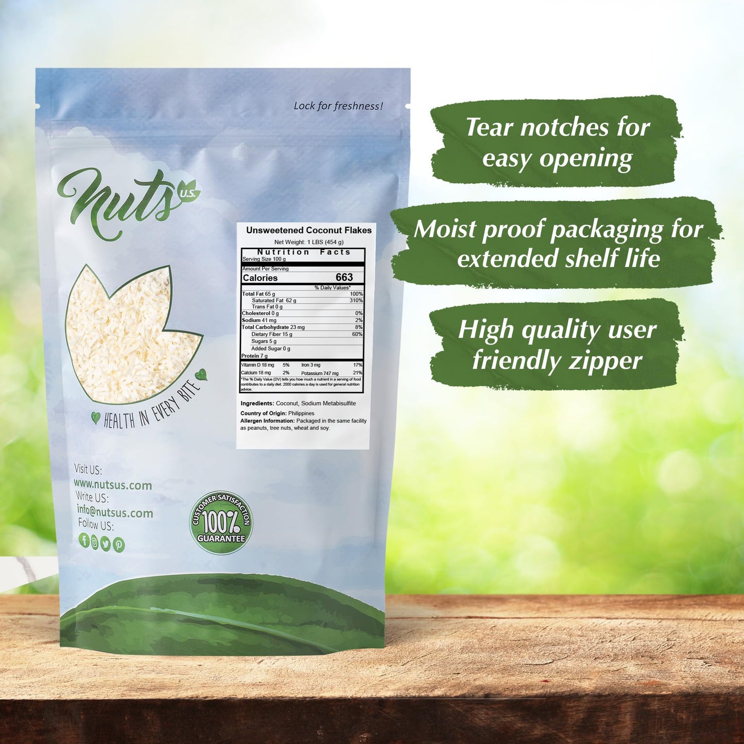 NUTS U.S. - Unsweetened Coconut Flakes | Thin & Feathery Flakes of Coconuts | Mild, Fresh and Characteristics of Coconut | No Ad