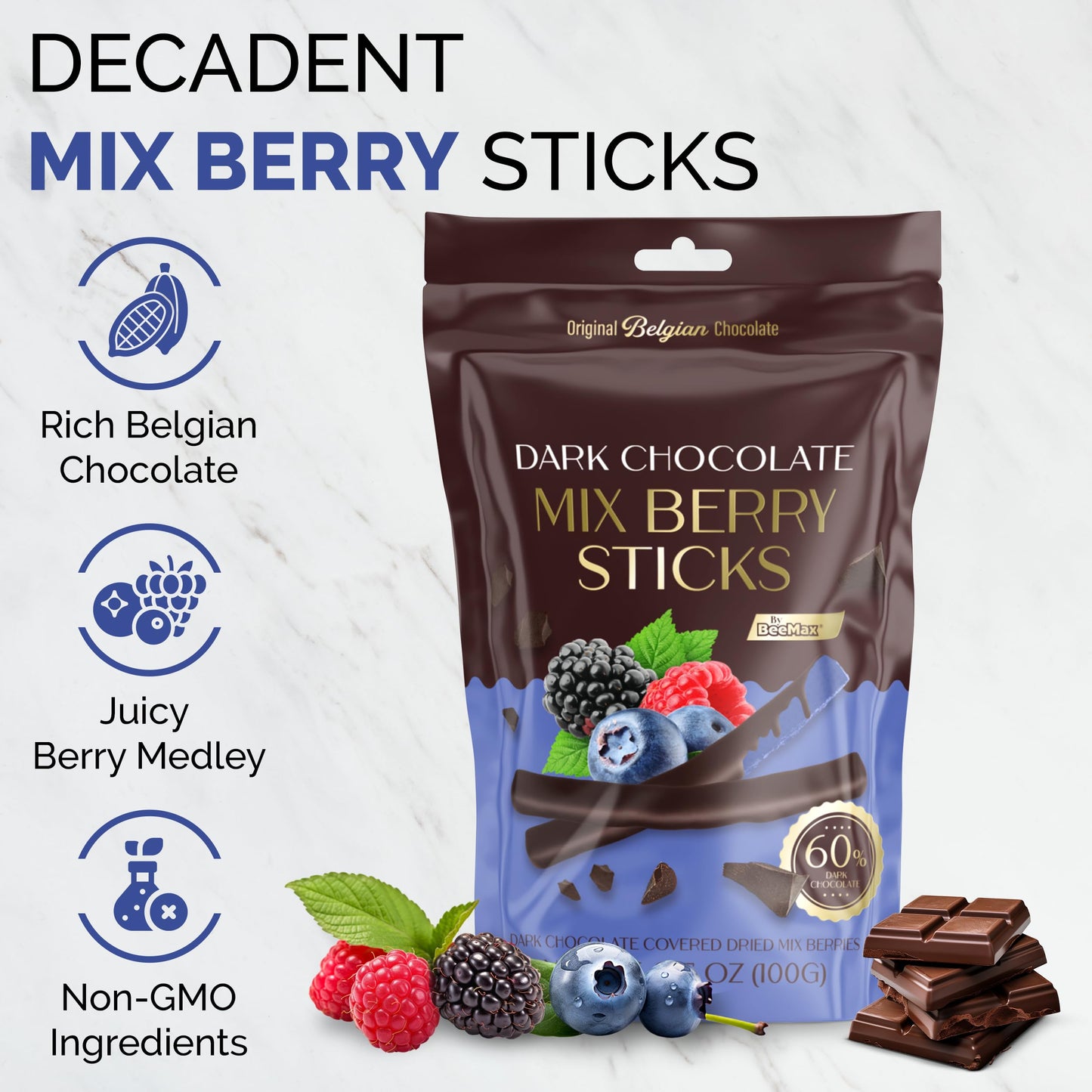 BEEMAX Belgian Chocolate Covered Fruit Sticks, Gourmet Dried Fruit, Dark Chocolate, 3.5 oz Resealable Pouch, Non-GMO