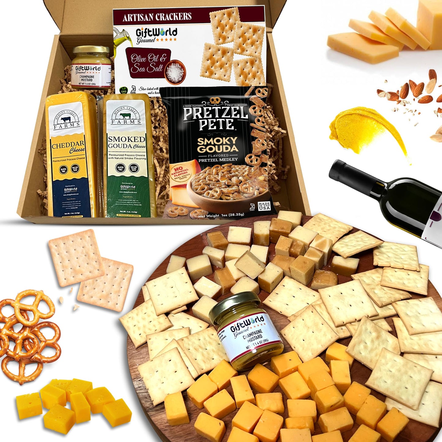 GiftWorld Cheese Gift Baskets Assortment Bundle - 5 Gourmet Food Items for Charcuterie Board, 24 Ounce