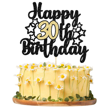Gyufise 1Pc Happy 30Th Birthday Cake Topper Black Gold Glitter Cheers To 30 Years Birthday Cake Pick 30 Fabulous Cake Decoration