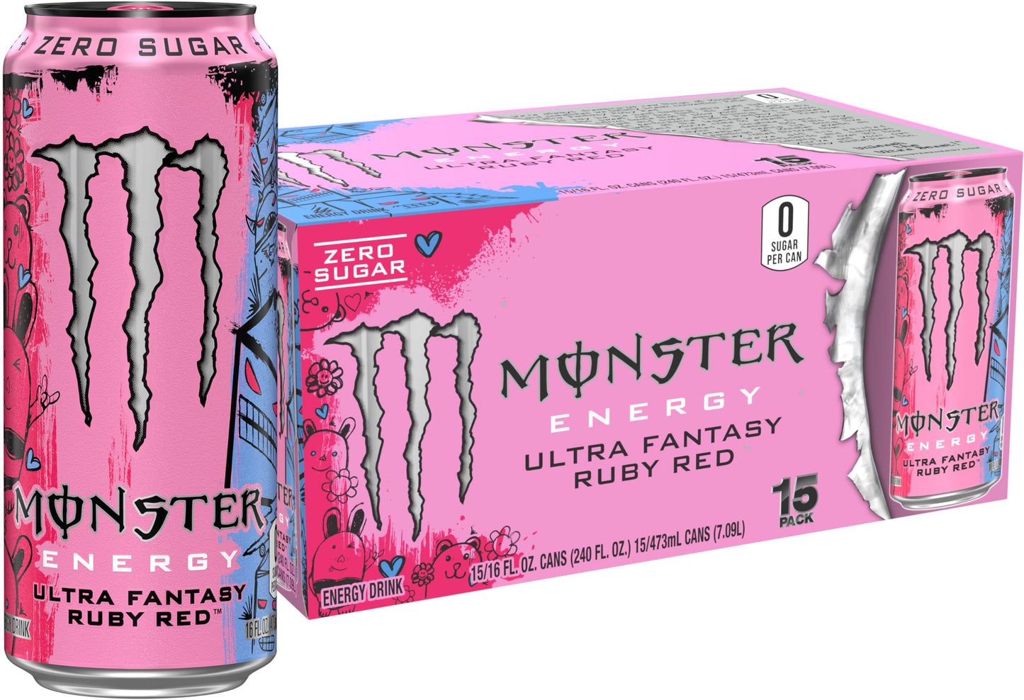 Monster Energy Ultra Fantasy Ruby Red, Sugar Free Energy Drink, 16 Ounce (Pack Of 15)