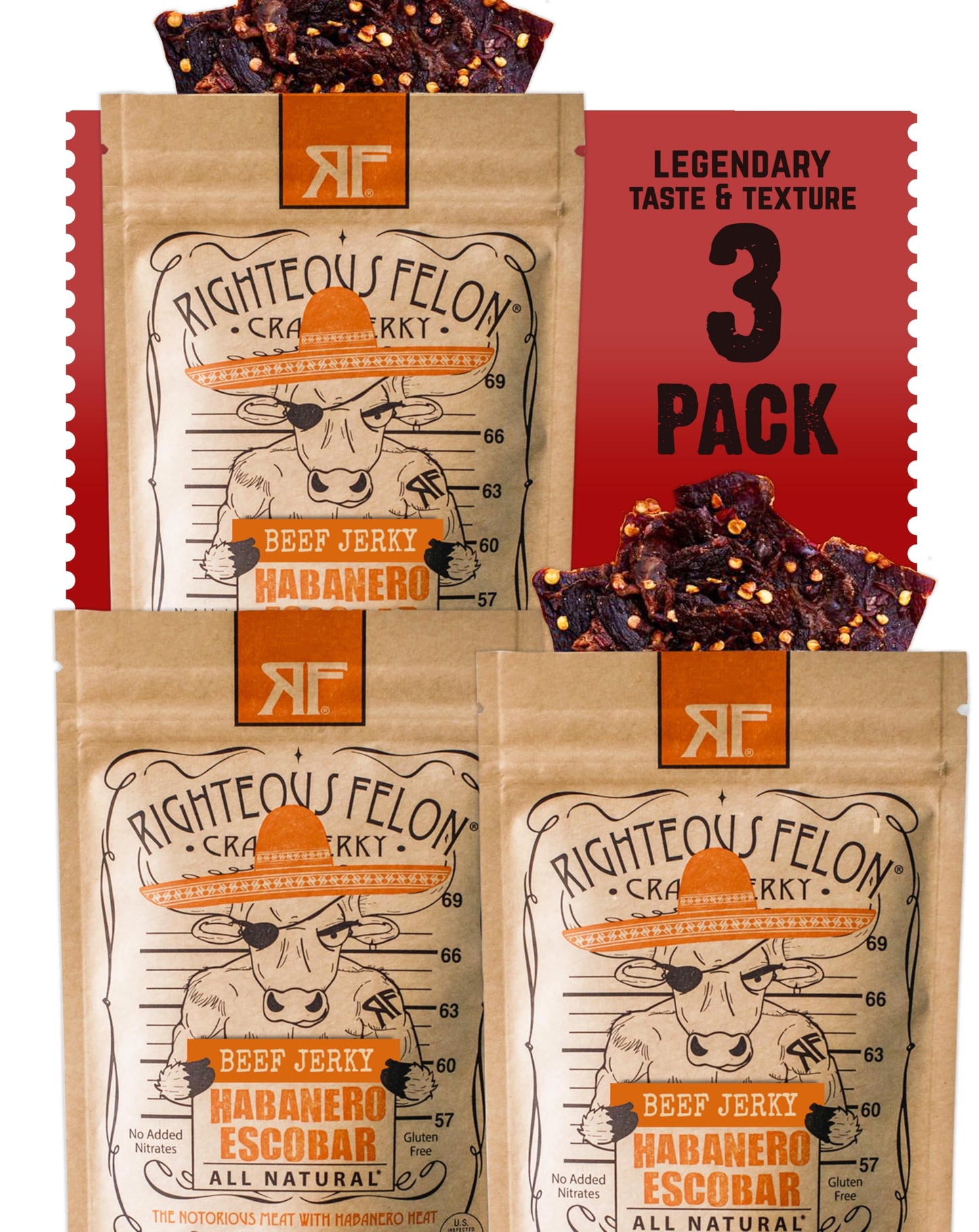 Righteous Felon Beef Jerky - Habanero Escobar Flavor - All-Natural Jerky - Locally Sourced  Dried Beef Jerky - Low-Sugar, High-P